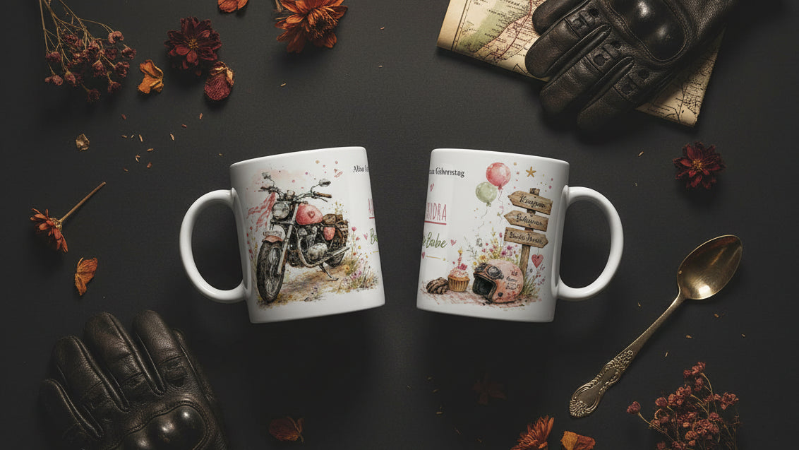 Zwei Ansichten der personalisierten Biker Babe Tasse mit rosa Motorrad auf einer Seite und Helm, Ballons sowie Roadtrip-Wegweiser auf der anderen.