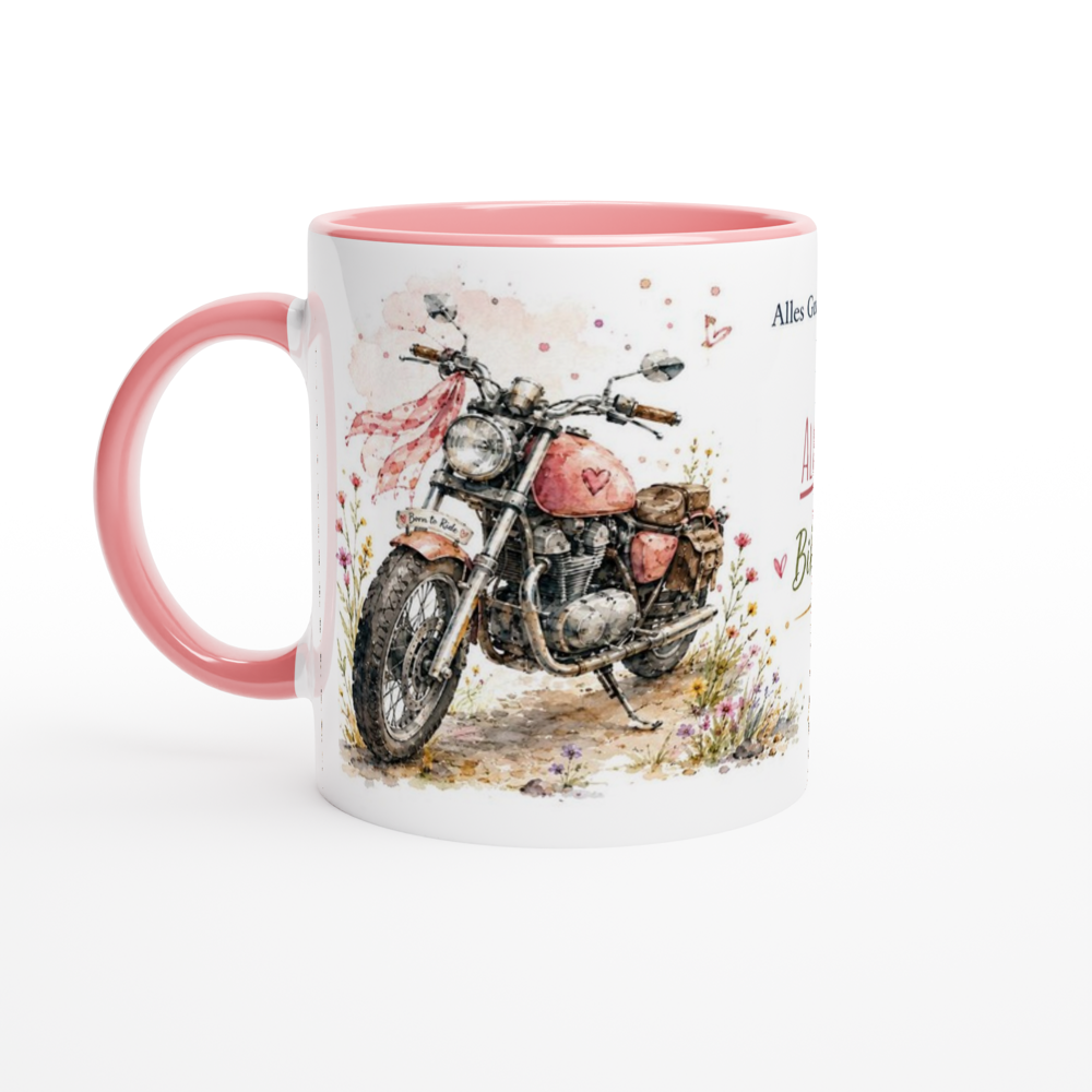 Rosa Edition der personalisierten Biker Babe Tasse mit rosa Rand und Henkel sowie Aquarellmotiv aus Motorradhelm, Cupcake, Ballons und Wegweisern.