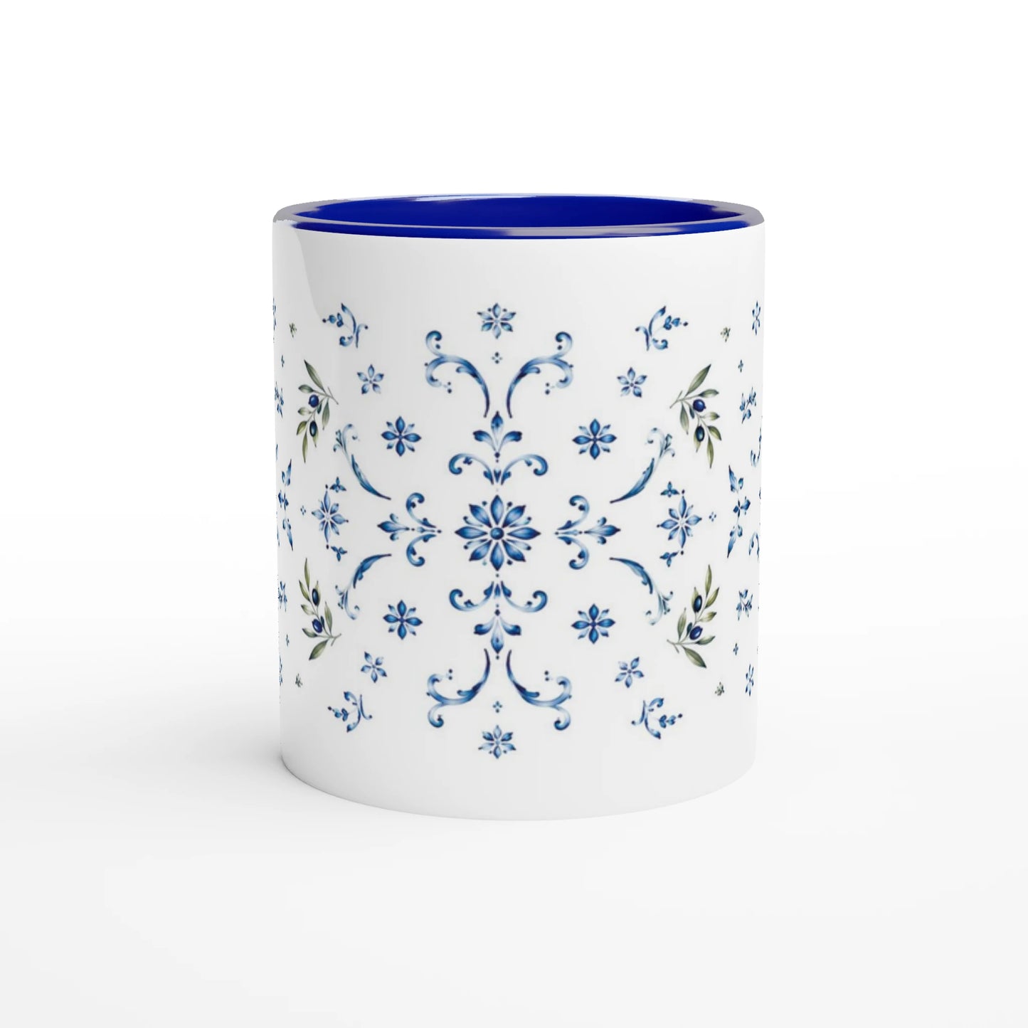 Elegante Keramiktasse mit Olivenmotiv und blauem Akzent