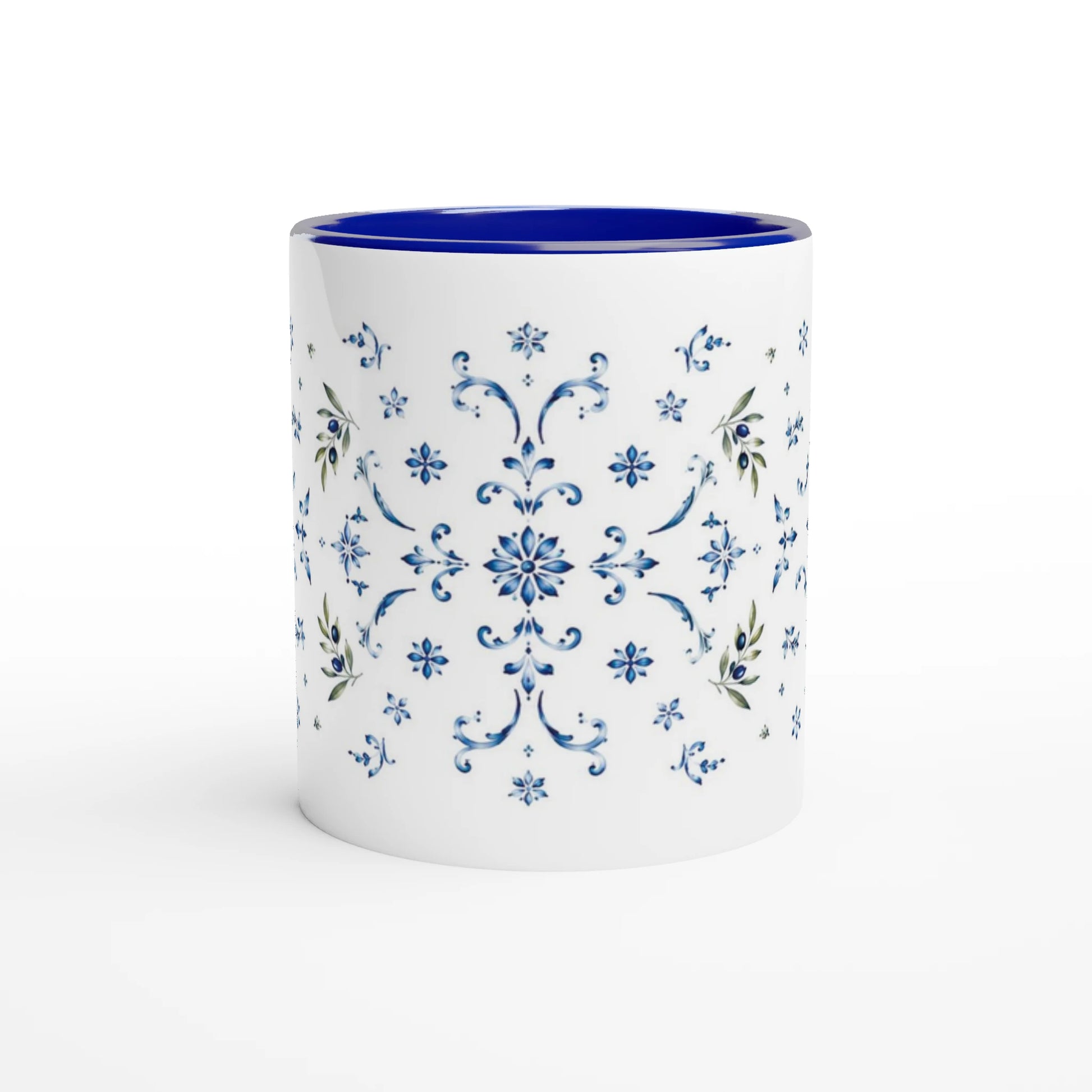 Elegante Keramiktasse mit Olivenmotiv und blauem Akzent