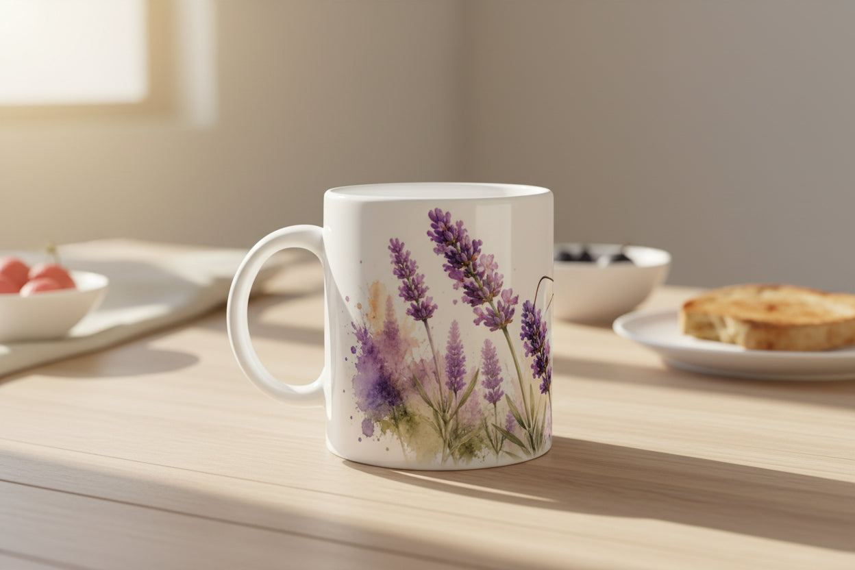 Botanische Tasse mit violettem Lavendel, warmen Naturfarben und viel hellem Weißraum.
