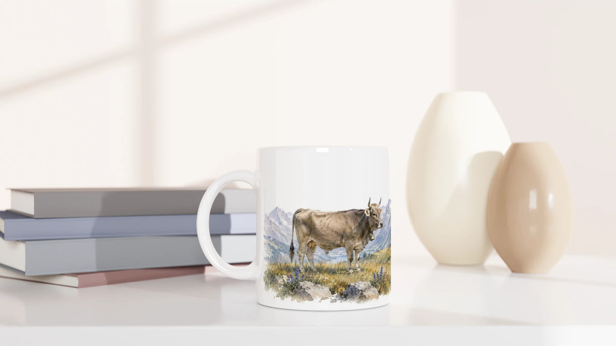 Braunvieh Kuh Tasse mit stehender und liegender Kuh vor einer Schweizer Alpenlandschaft