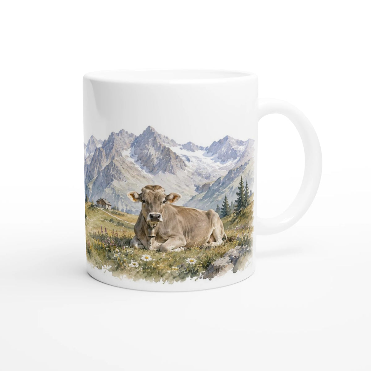 Braunvieh Tasse 330 ml mit zwei Kühen auf einer blühenden Almwiese vor alpiner Bergkulisse