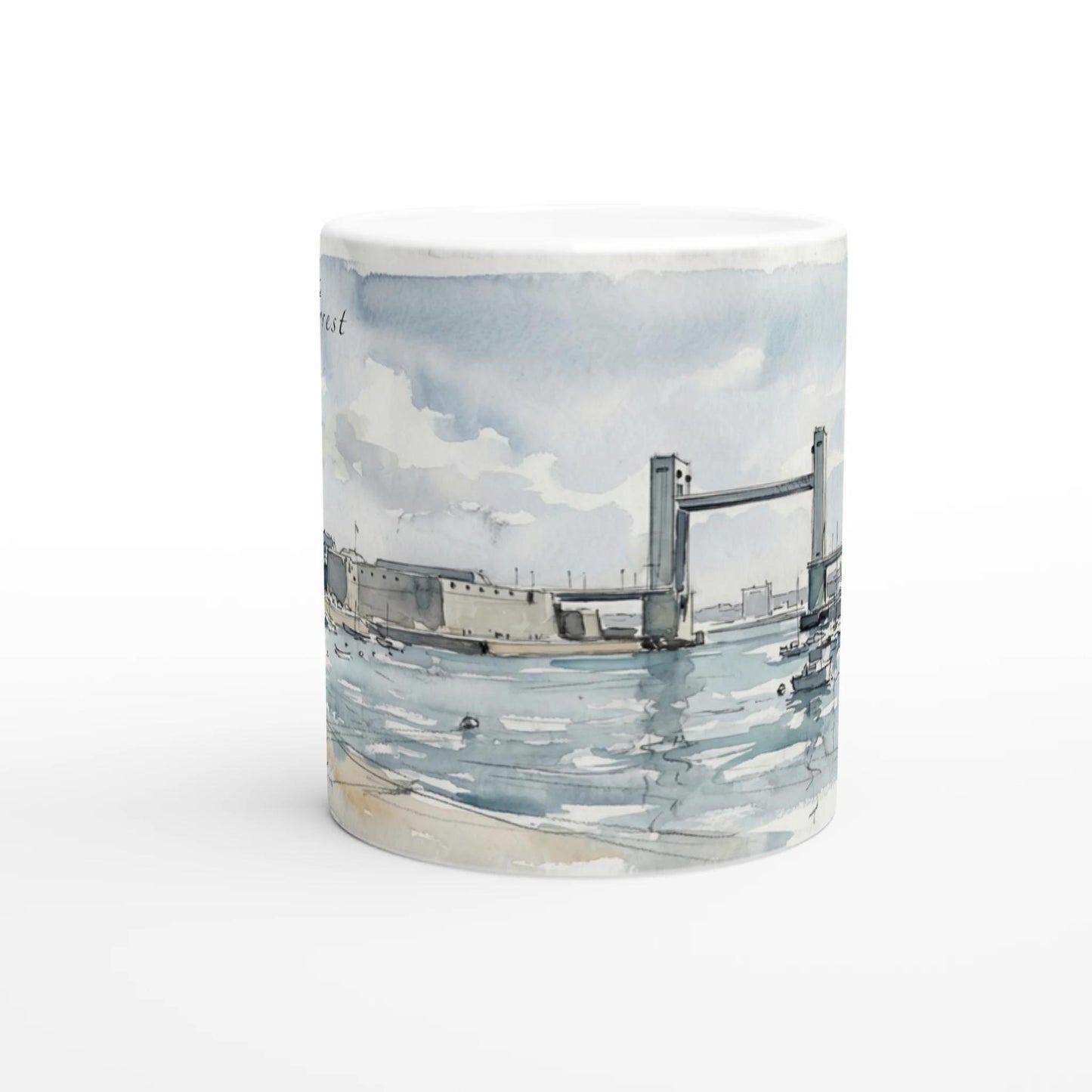 Maritime Stadtansicht von Brest mit Brücke, Hafenbecken und zurückhaltender Architektur auf einer weißen 330-ml-Tasse