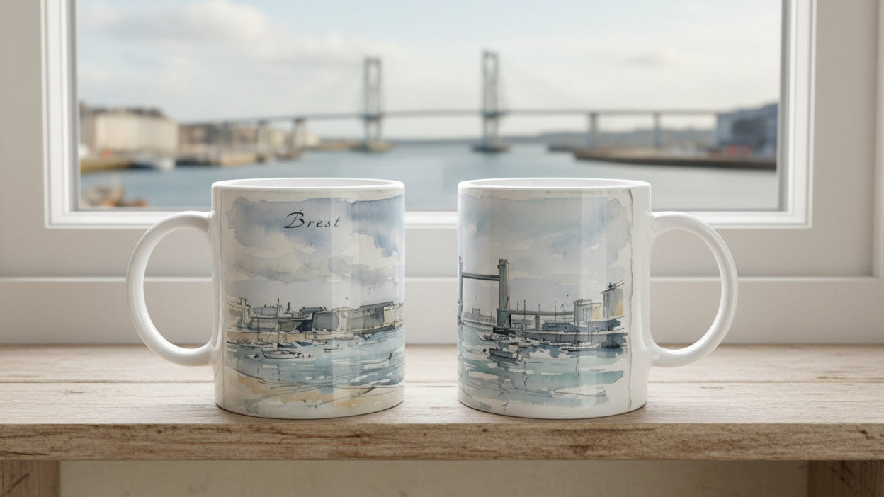 Brest Tassenmotiv mit historischen Mauern und Hafenanlagen entlang der Penfeld unter einem weiten bretonischen Himmel