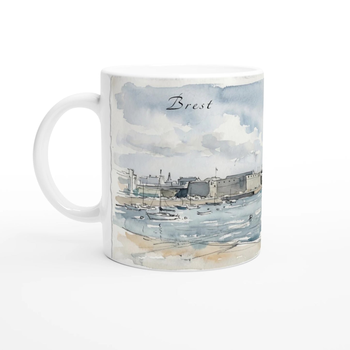Brest Tasse 330 ml mit Pont de Recouvrance, ruhigem Hafenbecken und kleinen Segelbooten im bretonischen Aquarellstil