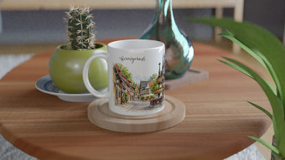 Wernigerode Illustration mit dem Schloss hoch über der grünen Harzlandschaft und der historischen Altstadt im Vordergrund