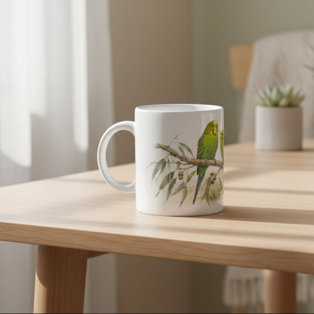 330 ml Kaffeebecher mit Wellensittichen, Naturdesign und detailreicher Tierillustration
