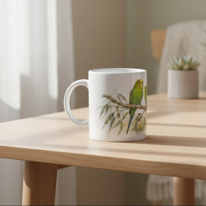 330 ml Kaffeebecher mit Wellensittichen, Naturdesign und detailreicher Tierillustration