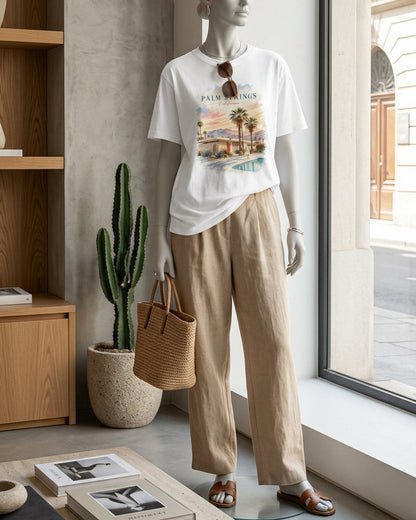 Kalifornisches Unisex T-Shirt mit Palm-Springs-Motiv aus Swimmingpool, Palmen und sonniger Wüstenstimmung. Der grafische Retro-Stil erinnert an Mid-Century-Design.