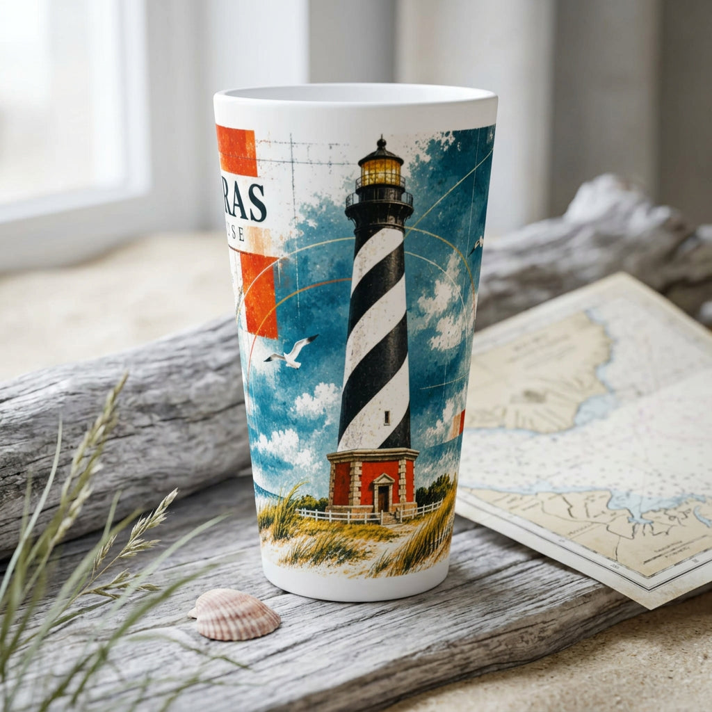 Weiße Latte-Tasse mit 440 ml und einer maritimen Vintage-Collage des Cape-Hatteras-Leuchtturms von den Outer Banks in North Carolina; Produkt-Mockup.