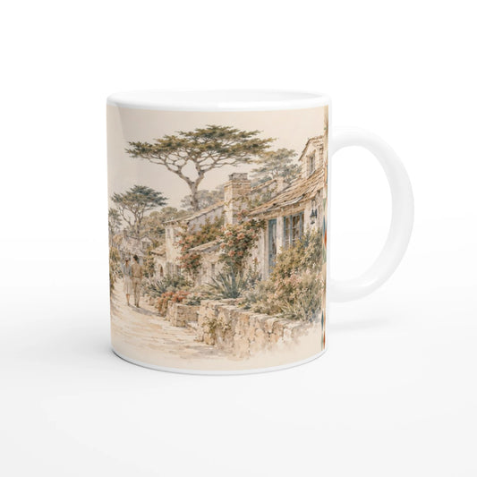 Carmel-by-the-Sea California Tasse 0,33 l mit sanfter Aquarellillustration der Pazifikküste, felsigem Ufer und Küstenvegetation sowie dem Schriftzug CARMEL-BY-THE-SEA California