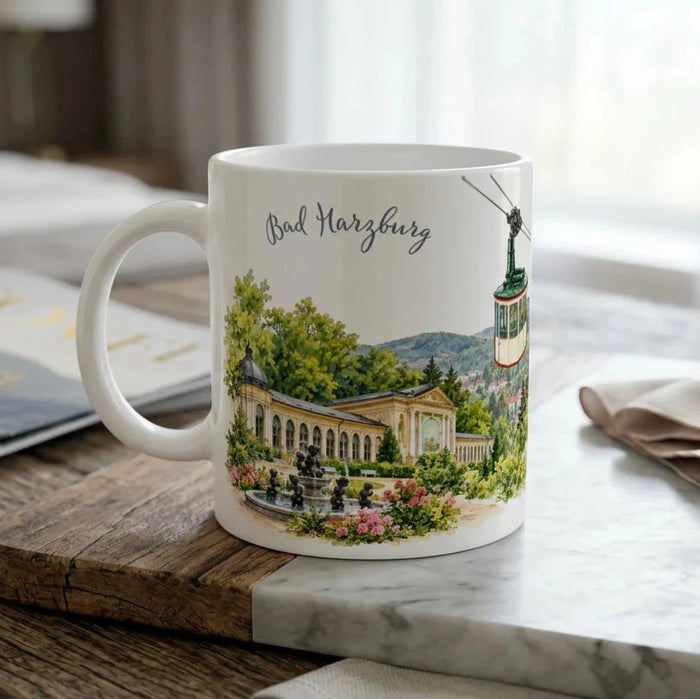 Bad Harzburg Keramiktasse 330 ml mit detailreicher Aquarellillustration der Burgbergseilbahn, historischer Kurarchitektur, Brunnen und gruenen Harzlandschaft