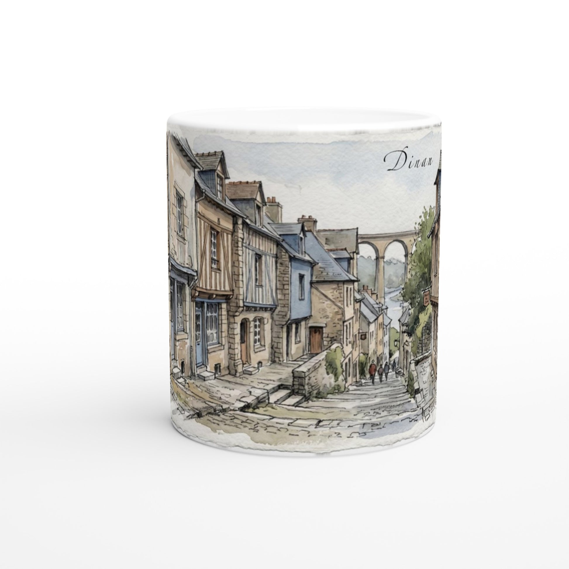 Weiße Dinan Keramiktasse mit 330 ml Füllmenge, glänzender Oberfläche und hochwertigem Sublimationsdruck im Aquarellstil