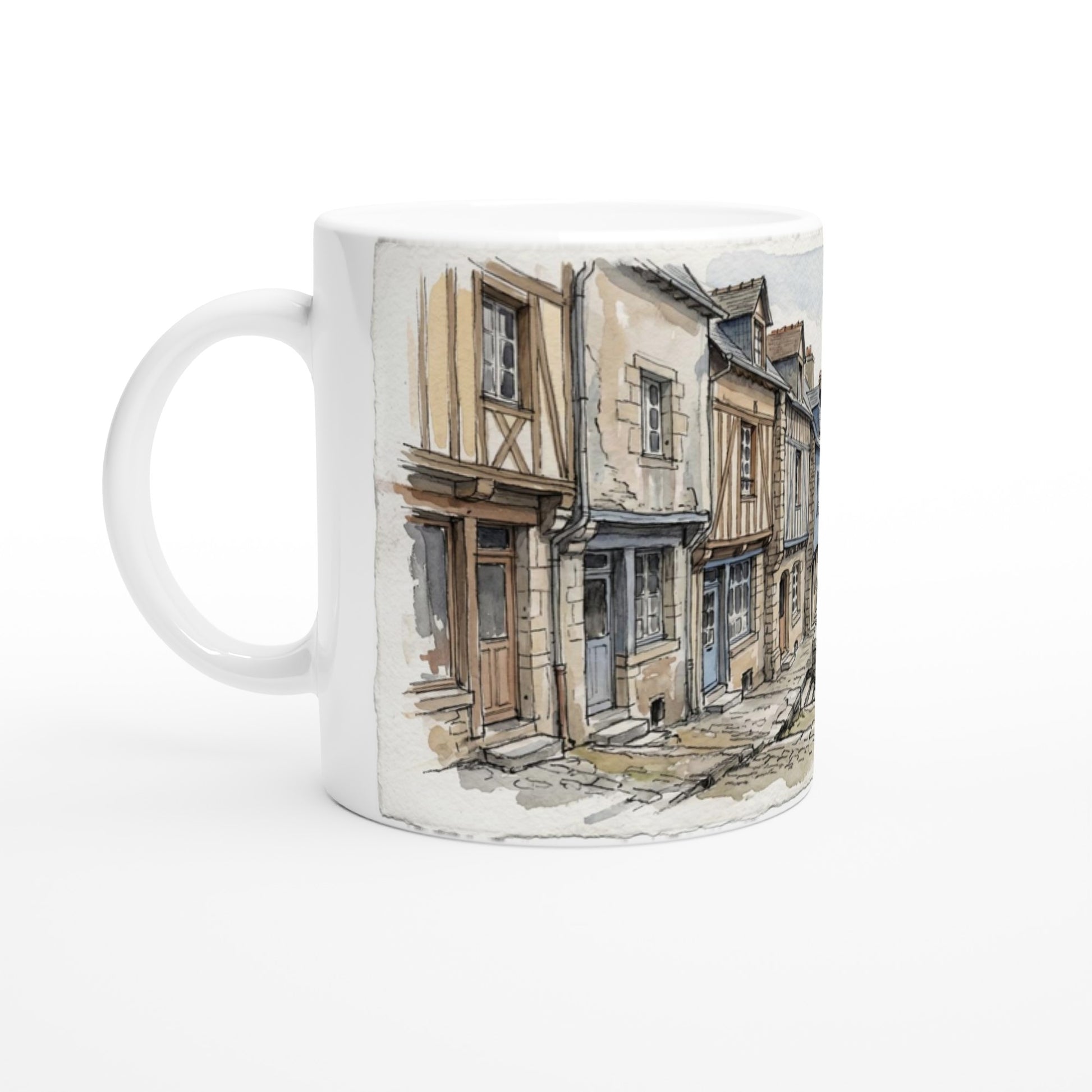 Dinan Tasse 330 ml mit einer abschüssigen Altstadtgasse, historischen Häusern und bretonischem Aquarellmotiv