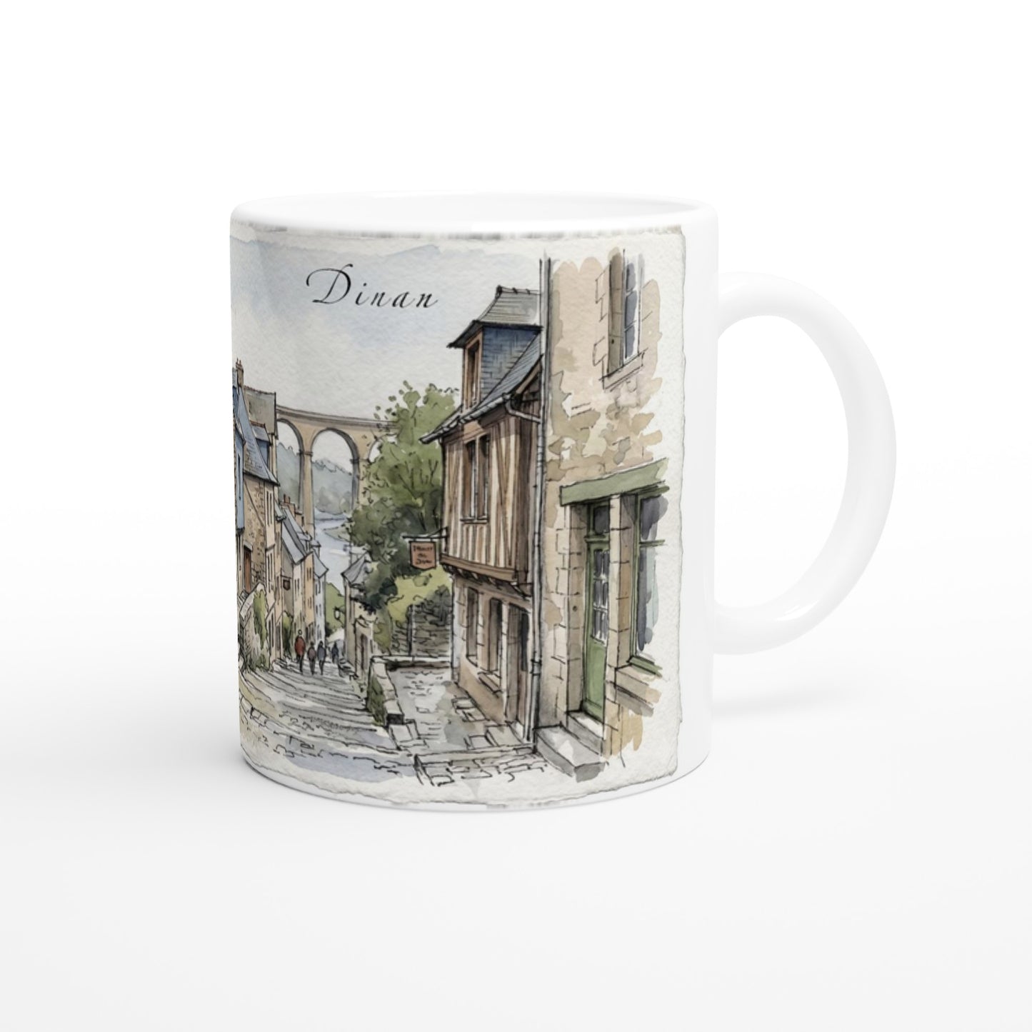 Detailansicht der Dinan Tasse mit Fachwerkhäusern, Steinfassaden und schmalen historischen Gebäuden entlang der Gasse