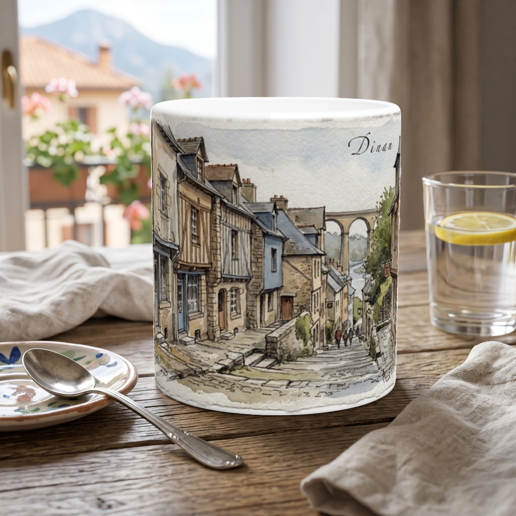 Dinan Tasse als Geschenkidee für Bretagne-Reisende, Frankreichliebhaber und Freunde historischer Stadtillustrationen