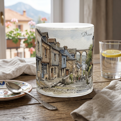 Dinan Tasse als Geschenkidee für Bretagne-Reisende, Frankreichliebhaber und Freunde historischer Stadtillustrationen