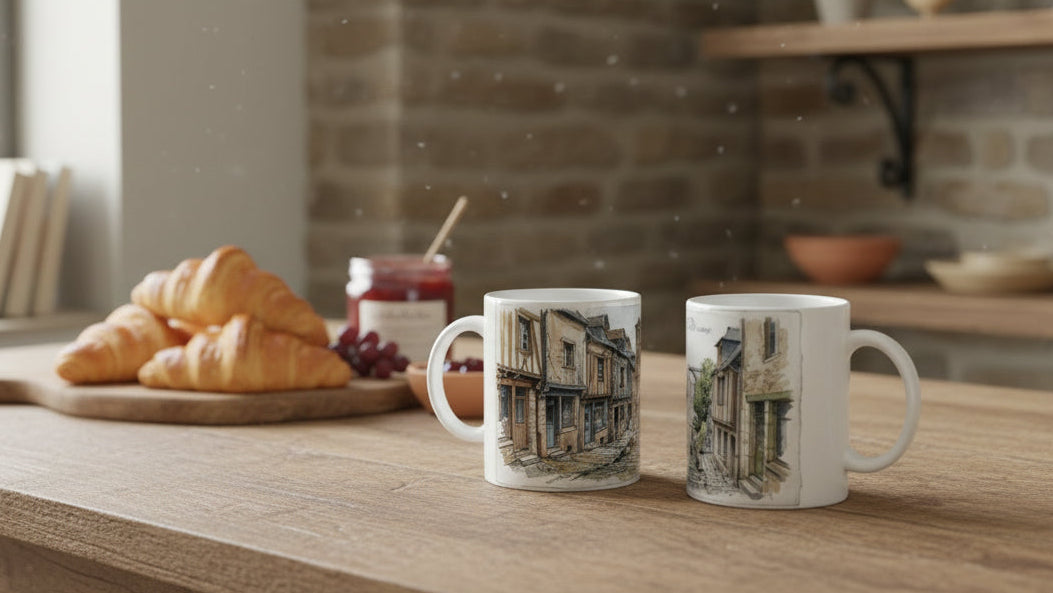 Weiße Keramiktasse mit Dinan Motiv und dem markanten Viadukt im Hintergrund der bretonischen Altstadtansicht