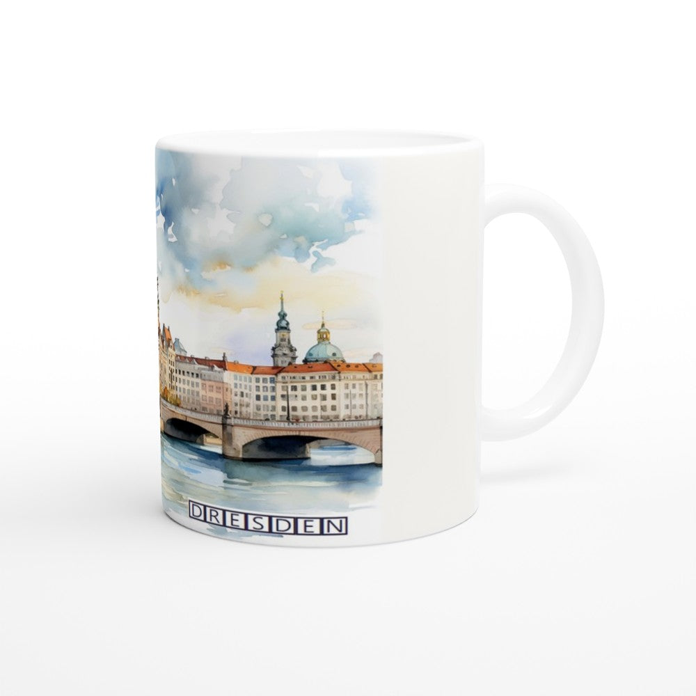 Dresden Souvenir Tasse 330 ml mit barocker Architektur und Elblandschaft auf weißer Keramik