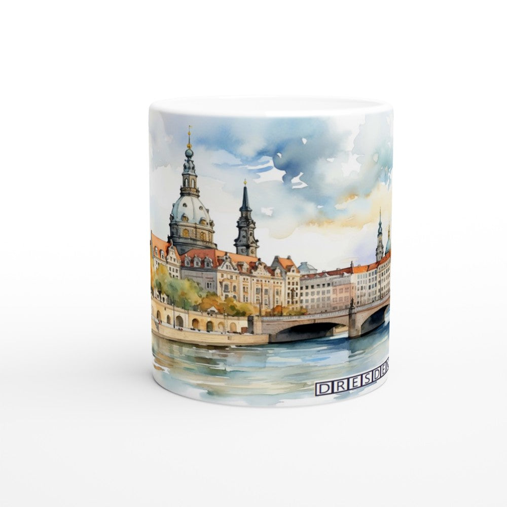 Dresden Tasse 330 ml mit Frauenkirche und Elbufer als helle Aquarellillustration auf weißer Keramik