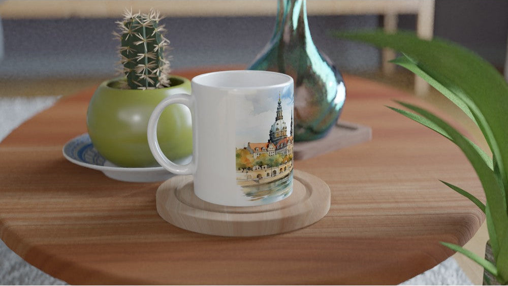 Dresdner Altstadt Tasse mit Frauenkirche, Elbe und barocker Skyline in heller Aquarelloptik