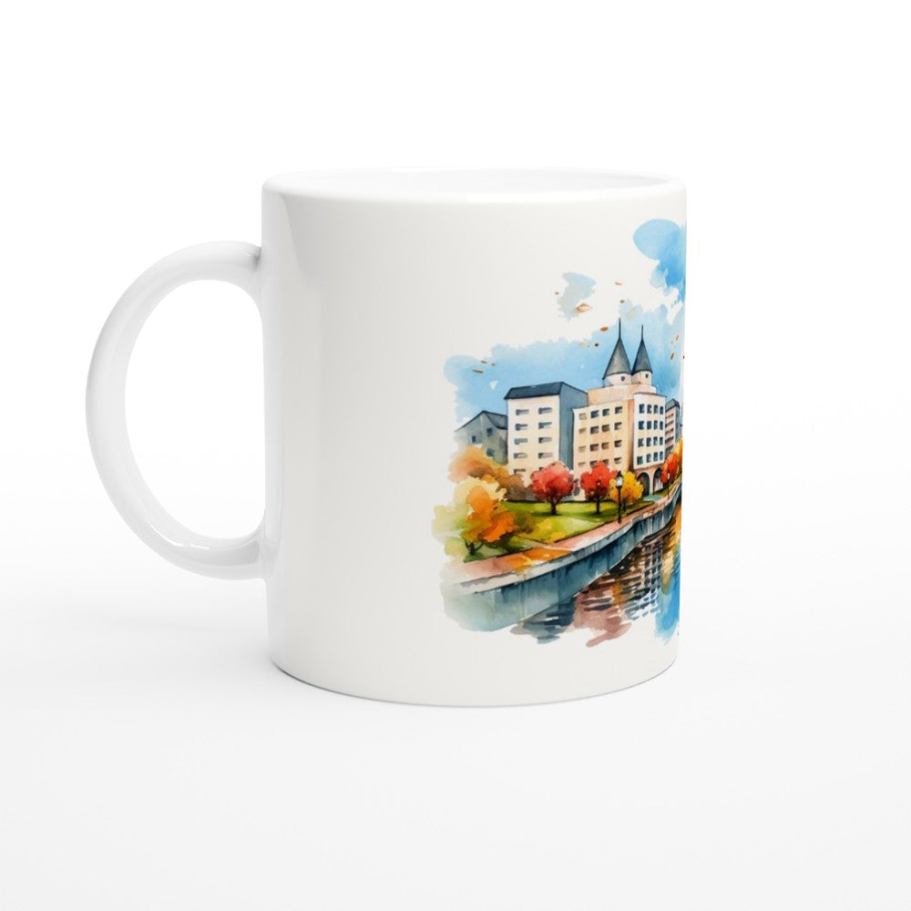 Düsseldorf Tasse als Reiseerinnerung mit Rheinturm, Stadtarchitektur und offenem Rheinpanorama