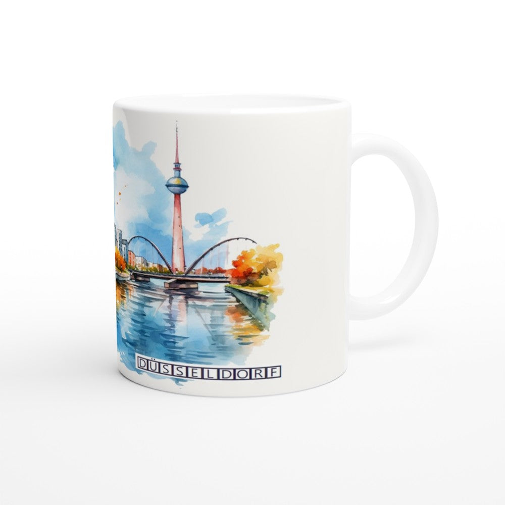 Düsseldorf Souvenir Tasse 330 ml als künstlerische Erinnerung an Rheinturm und Rhein