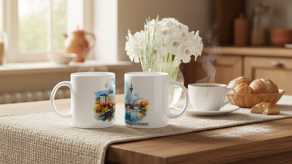 Weiße Düsseldorf Tasse mit urbaner Stadtsilhouette und Rheinturm vor dem Rhein