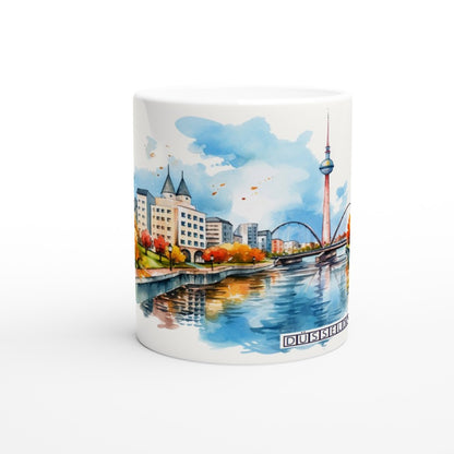 Düsseldorf Tasse 330 ml mit Rheinturm, Rhein und urbaner Skyline im hellen Aquarellstil
