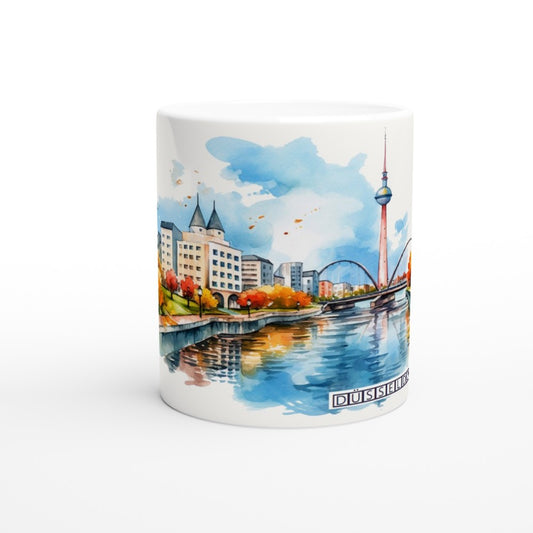 Düsseldorf Tasse 330 ml mit Rheinturm, Rhein und urbaner Skyline im hellen Aquarellstil