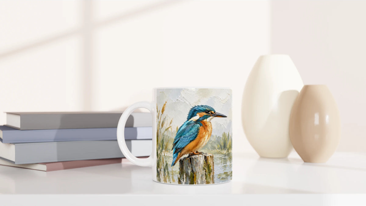 Eisvogel Tasse 330 ml mit künstlerischem Naturmotiv am Wasser auf glänzend weißer Keramik