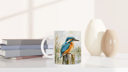 Eisvogel Tasse 330 ml mit künstlerischem Naturmotiv am Wasser auf glänzend weißer Keramik