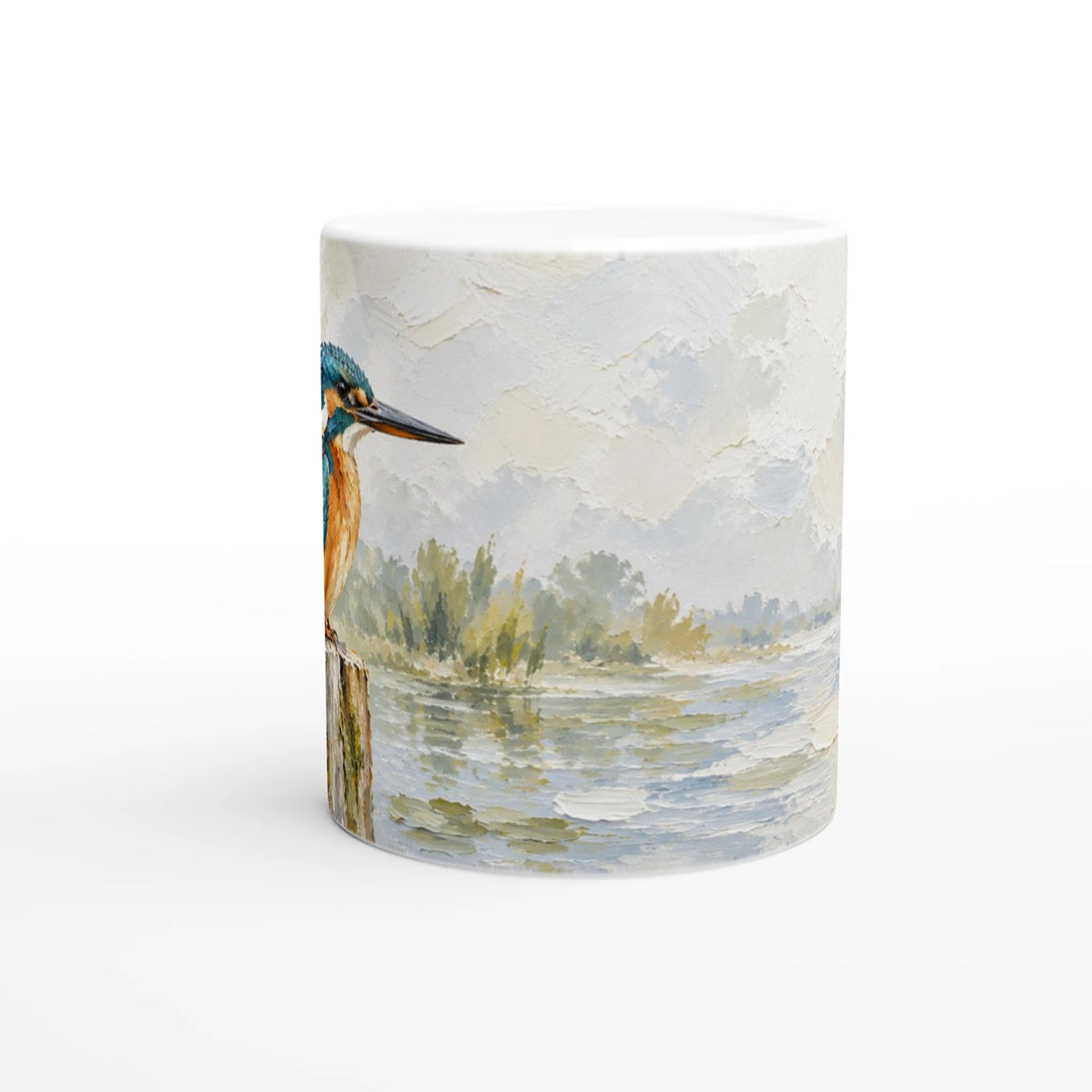 Eisvogel-Kaffeetasse von Mano et Arte – naturverbundenes Vogelmotiv auf weißer Keramiktasse
