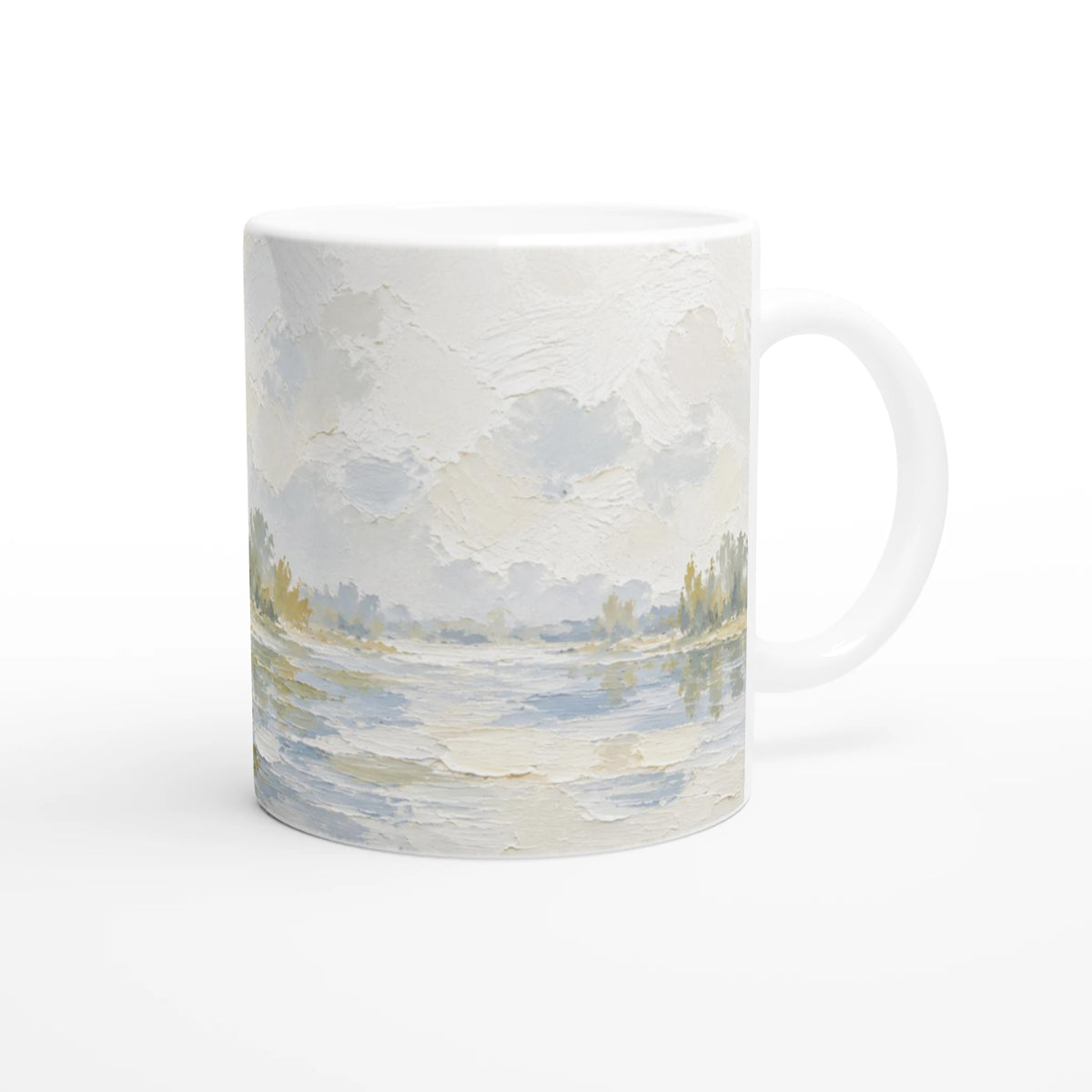 Keramiktasse mit Eisvogelillustration und stimmungsvoller Uferlandschaft – Geschenk für Vogelfreunde