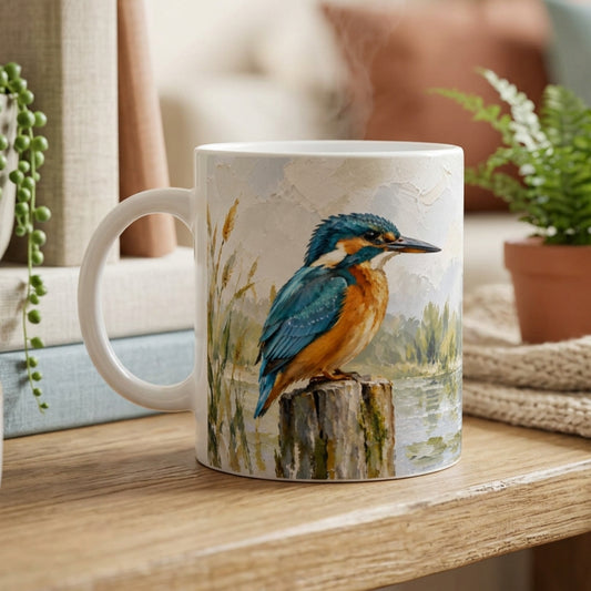 Weiße Eisvogel Keramiktasse 330 ml mit malerischer Vogelillustration in Blau und Orange – Mano et Arte