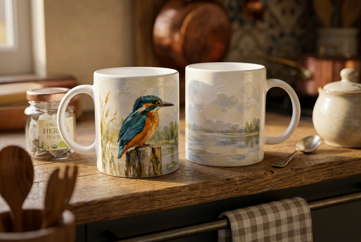 Weiße 330-ml-Tasse mit farbenfrohem Eisvogelmotiv – dekorativer Kaffeebecher von Mano et Arte