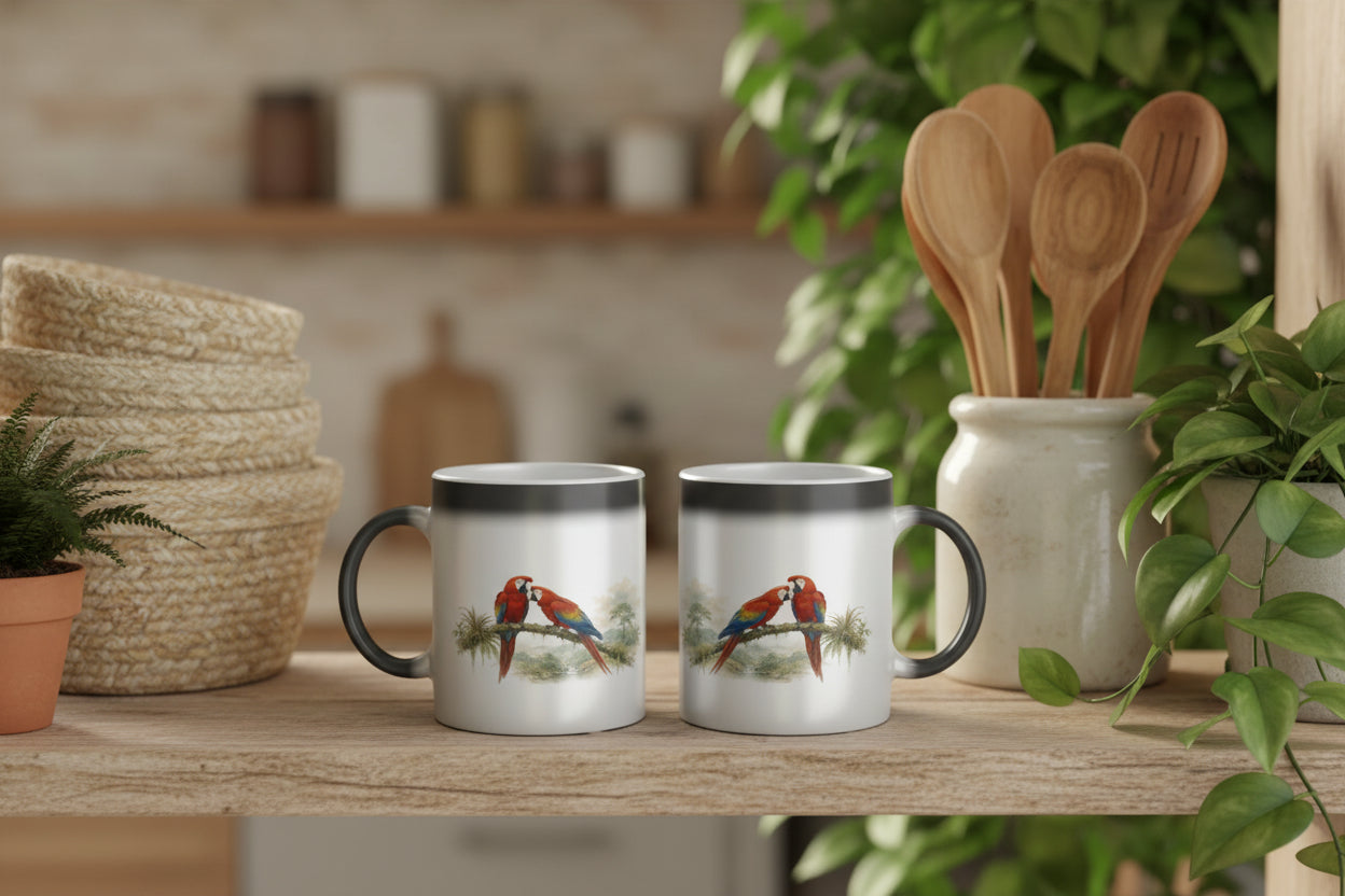 Farbwechsel-Tasse mit tropischem Papageienmotiv im sanften Aquarellstil.