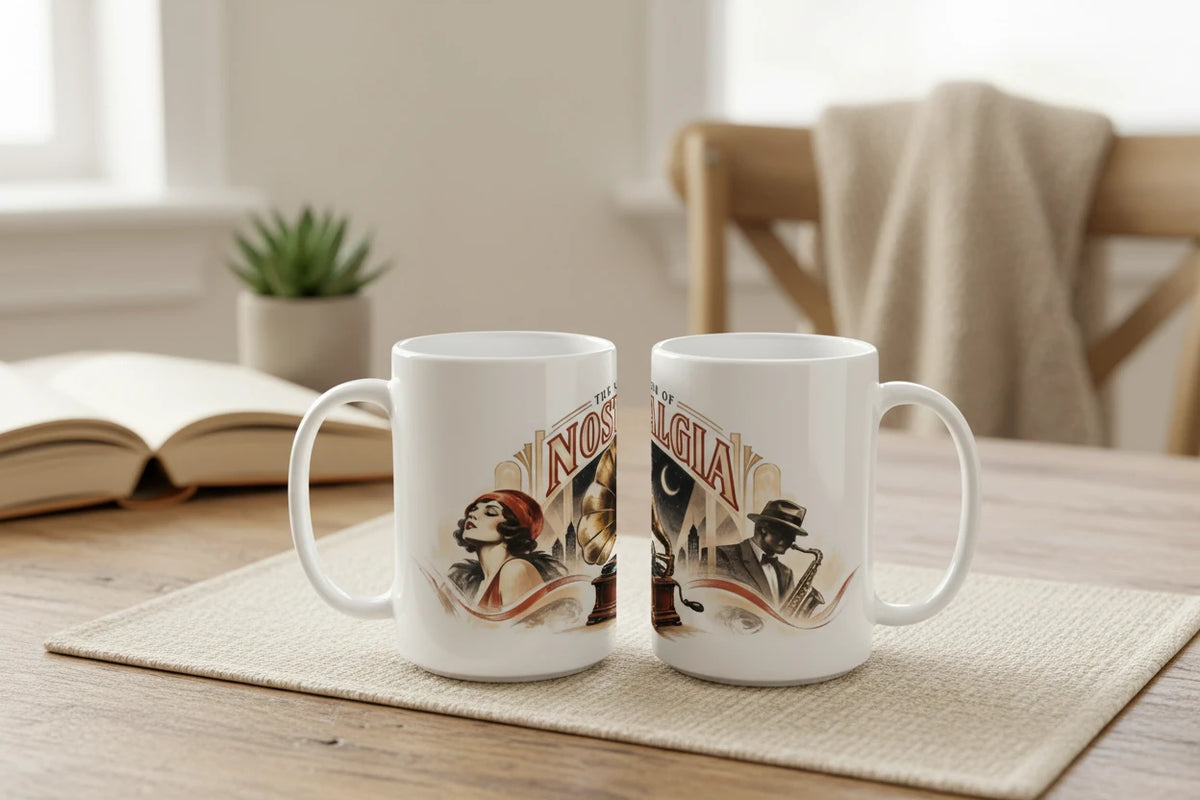 Elegante Jazzsängerin mit dunklen Locken, rotem Kopfschmuck und geschlossenen Augen als Teil einer nostalgischen Musikillustration im Stil der Goldenen Zwanziger