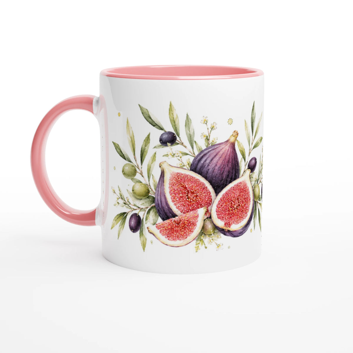 Feigen Oliven Tasse 330 ml in der rosa Edition mit ganzen und aufgeschnittenen Feigen, grünen und dunklen Oliven sowie feinen Zweigen im Aquarellstil.