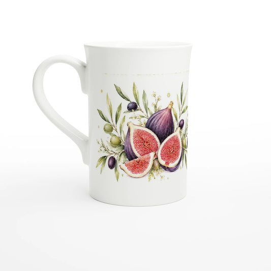 Feigen Oliven Tasse aus weißem Porzellan mit violetten Feigen und Olivenzweigen im Aquarellstil