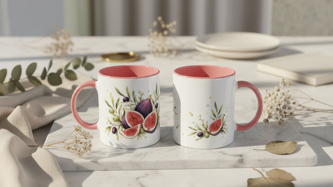 Seitliche Ansicht der Feigen Oliven Tasse mit violetter Feige, aufgeschnittener Frucht, grünen und dunklen Oliven sowie lockerem Blattwerk.
