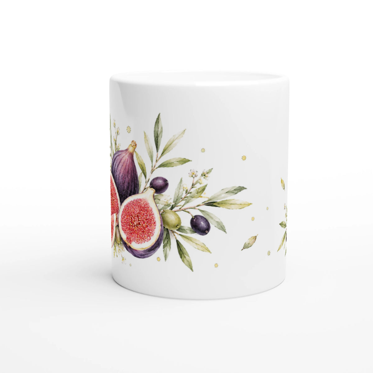Weiße Feigen Oliven Tasse 330 ml mit kleinem Gegenmotiv aus aufgeschnittener Feige, Oliven, Blüten und feinem grünen Blattwerk.