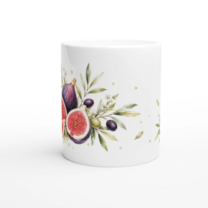 Weiße Feigen Oliven Tasse 330 ml mit kleinem Gegenmotiv aus aufgeschnittener Feige, Oliven, Blüten und feinem grünen Blattwerk.