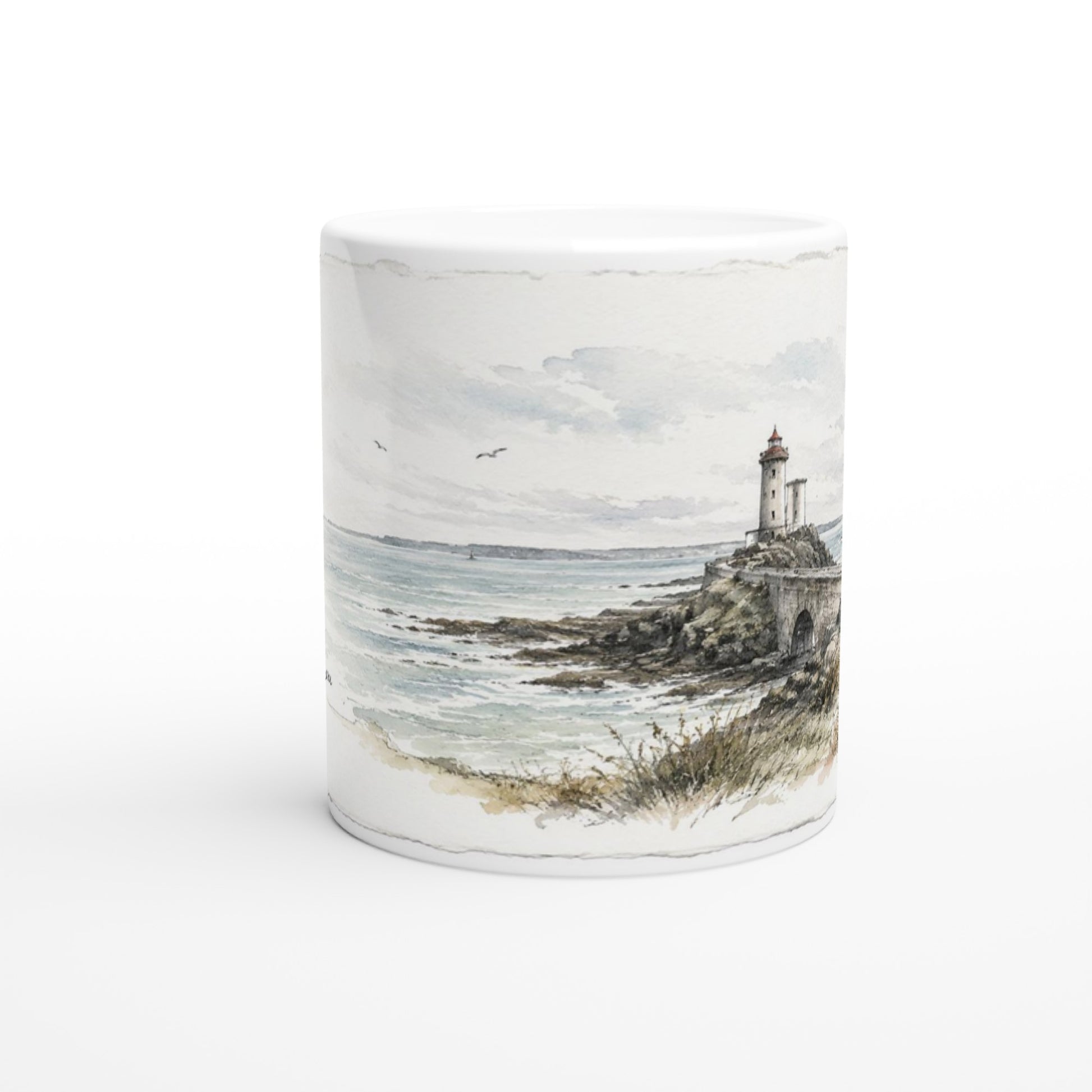 Bretagne Tasse mit Phare du Petit Minou, Meer und ruhiger Küstenlandschaft.