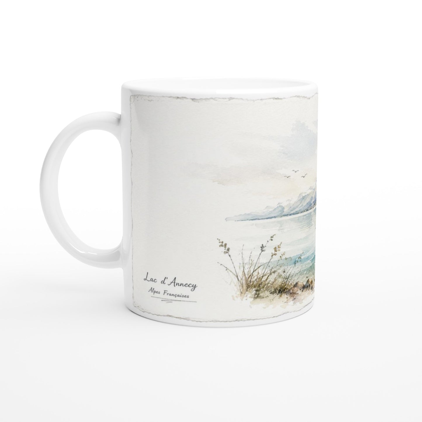 Lac d’Annecy Tasse mit Aquarellmotiv von See, Bergen, Holzsteg und kleinem Boot.