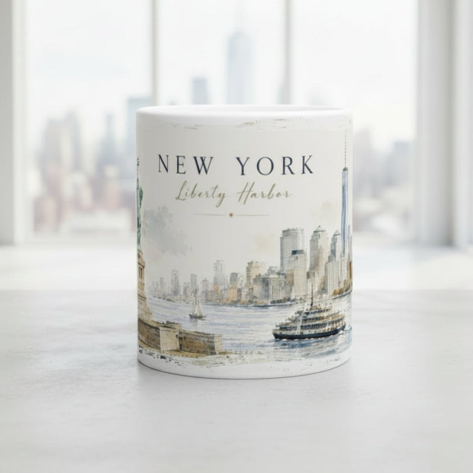 Weiße Keramiktasse 330 ml mit New York Hafen Illustration