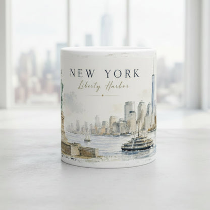 Weiße Keramiktasse 330 ml mit New York Hafen Illustration
