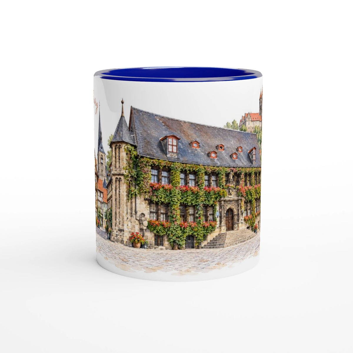 Quedlinburg Keramiktasse mit historischem Altstadtmotiv als Geschenkidee fuer Harzliebhaber, Heimatverbundene, Reisende und Freunde malerischer Fachwerkstaedte