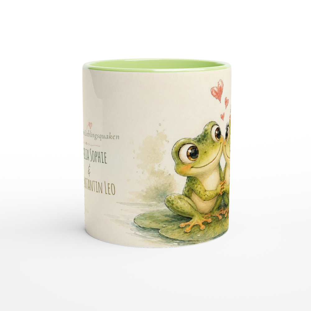 Personalisierte Froschpaar Tasse in Keramikgrün mit zwei Namen, grünem Henkel und Innenbereich sowie humorvollem Liebespaar aus zwei Fröschen.